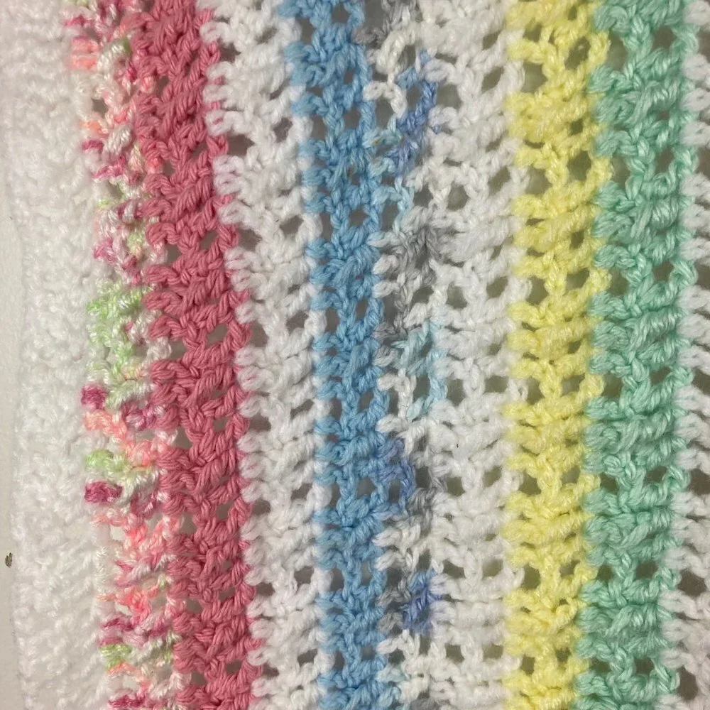 Handmade Crocheted Baby Receiving Blanket Multicolored Pastel & White Stripes 23